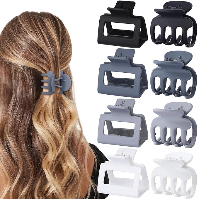Medium Hair Clips Combination 2 Styles Small Claw Clips for Thin Hair 8 Pcs Matte Non-slip Rectangle Jaw Clips Square Hair Accessories for Women and Girls (Grey)
