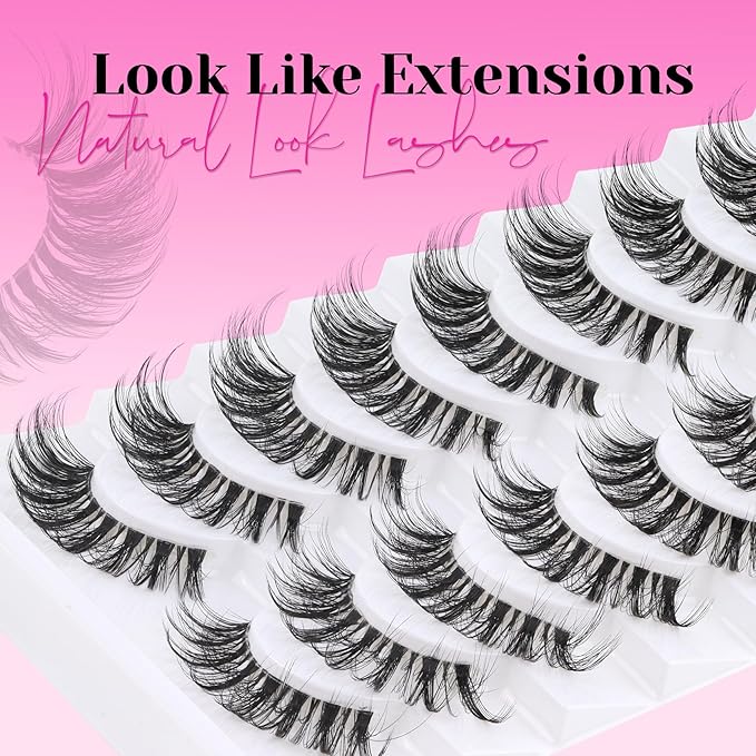 Veleasha Lashes Fluffy False Eyelashes with Clear Band Long Eyelashes Looks Like Lash Extensions CC Curl Soft Fake Lashes Strips Lashes 10 Pairs Pack (Bold Length)