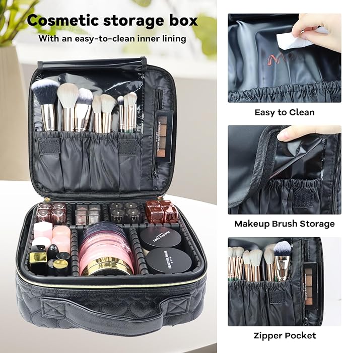 SLUMAZI Travel Makeup Bag Makeup Cosmetic Train Case Organizer Portable Storage Bag with Adjustable Dividers for Cosmetics Makeup Brushes Toiletry Jewelry Heart Pattern