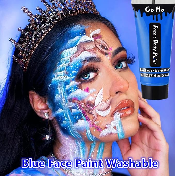 Go Ho Royal Blue Face Body Paint Washable(2.37oz/pc),Water Based Cream Blue Face Paint,Smurf Mystique Avatar Clown Makeup,Blue Body Paint for SFX Cosplay Costumes Festivals Halloween Makeup