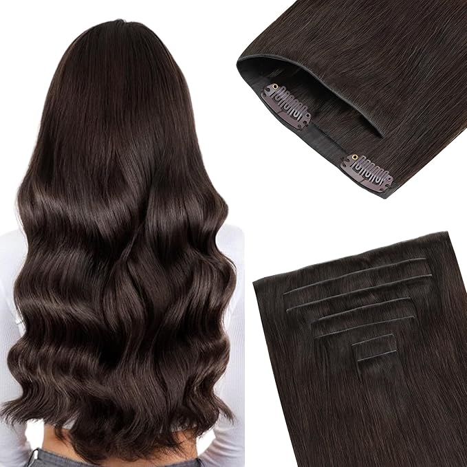 GOO GOO Invisi Edge Clip in Hair Extensions 24inch 150g 7Pcs Injected Seamless PU Clip in Hair Extensions, Virgin Real Human Hair, #2 Dark Brown
