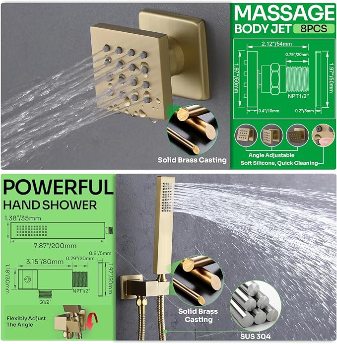 HOMEDEC Dual Shower System for Two, 15x28" Rain 4-Function & 6" Shower Heads, 5-Way Diverter Valves, Shower Faucet Set with Body Jets, Brushed Gold
