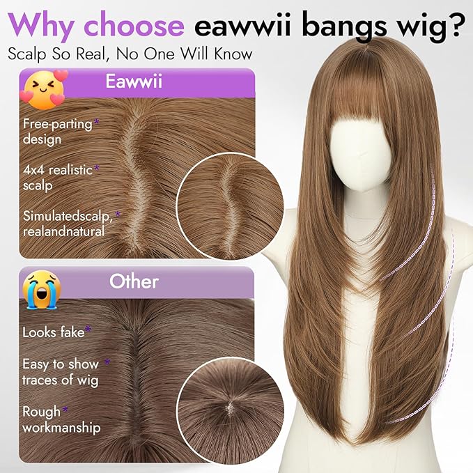 Long Light Amber Brown Wig with Bangs for Women,4x4 Realistic Scalp,Free Parting,Layered Hairstyle Synthetic Heat Resistant for Daily Party Use 26 inch