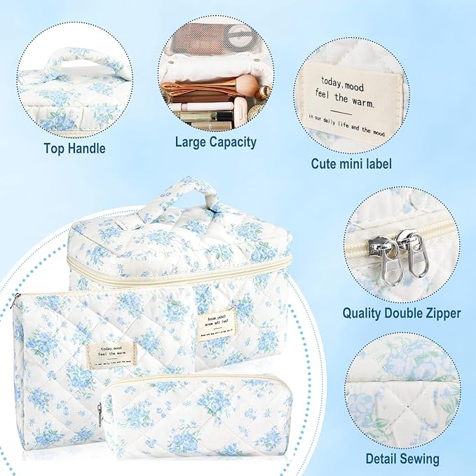 URSKYTOUS 3Pcs Cotton Quilted Makeup Bag for Women Girls Large Small Travel Floral Cosmetic Bags Set Cute Coquette Zipper Makeup Pouch for Purse Aesthetic Cloth Flower Storage Toiletry Bag Organizer