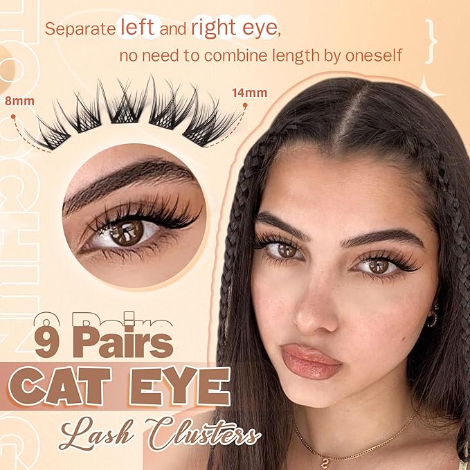 TOOCHUNAG Natural Lash Clusters Eyelash Extensions Wispy Individual Lashes Clusters C Curly Organized Eyelash Clusters 9 Pairs 8-14mm DIY Cat Eye Lash Extension