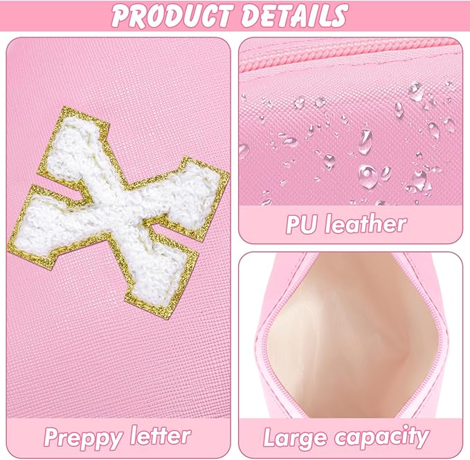 URSKYTOUS Initial Makeup Bag Personalized Preppy Travel Small Cosmetic Bag Cute PU Pink Chenille Letter Makeup Pouch for Purse Waterproof Zippered Toiletry Organizer for Women Girls Kids Friends (X)