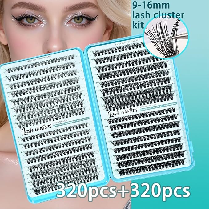 Wispy Lash Clusters 640pcs Eyelash Cluster Extensions 30D+40D+50D+60D Curl Individual False Eyelashes 9-16mm Natural Fluffy Mink Lash Clusters Extension Kit