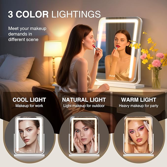 Lighted Makeup Mirror with Lights,Dimmable Touch Control Vanity Mirror for Desk/Bedroom, 360° Rotation,3 Color Modes for Flawless Application - Ideal Gifts for Her (White)