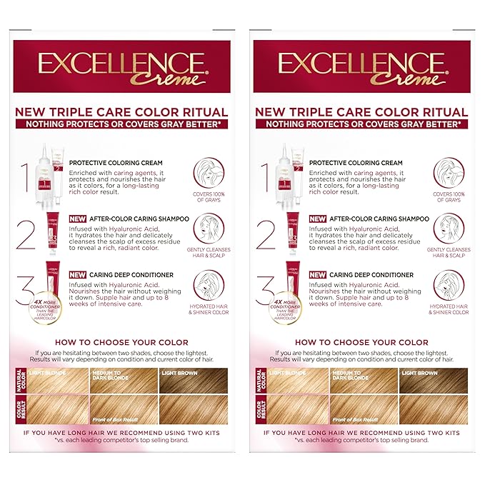 L'Oreal Paris Excellence Crème Permanent Hair Dye, Triple Care Hair Color with Hyaluronic Acid for 100% Gray Coverage, 8G Medium Golden Blonde, 1 Kit (Pack of 2) (Packaging May Vary)