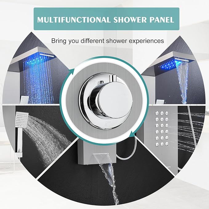 KINKIB LED Shower Panel Tower System with Rainfall Waterfall Shower Head, 5-in-1 Shower Tower with Powerful Body Jets, Handheld and Tub Spout, Shower Column Stainless Steel, Brushed Finish