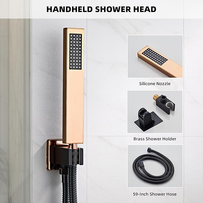 LCEVCGK Shower Faucet Set, Matte Black and Rose Gold Rainfall Shower System Complete Wall Mounted for Bathroom with 10 Inch Square Shower Head and Handheld Shower Head Rain Mixer Combo Set