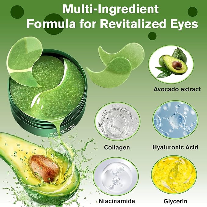 Lktvys Avocado Under Eye Patches (60 PCS), Collagen Eye Mask for Dark Circles and Puffiness, Hydrating Under Eye Pads for Women & Men