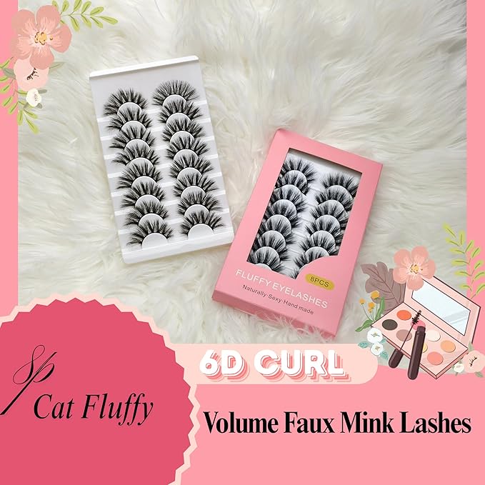 Manga Lashes Natural Eyelashes, Spiky False Eyelashes Invisible Band, 6D Cat Eye Lashes Wispy for Cosplay Anime Lashes 8 Pairs
