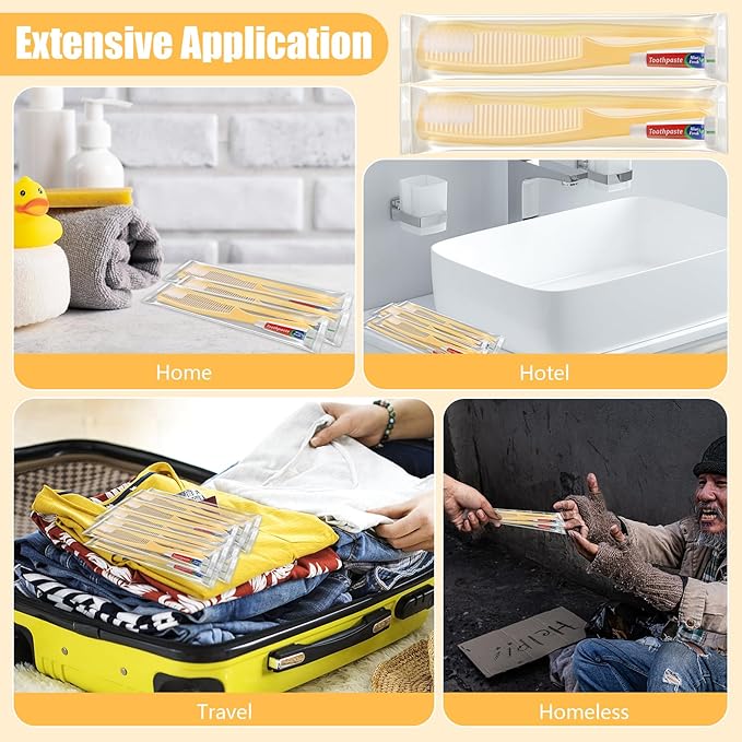 NICEMOVIC 120 Pack Disposable Toothbrushes Bulk with Toothpaste and Comb Travel Size Toothpaste Set Homeless Care Package Supplies Bulk for Individually Wrapped Disposable Travel Hotel Charity, Yellow
