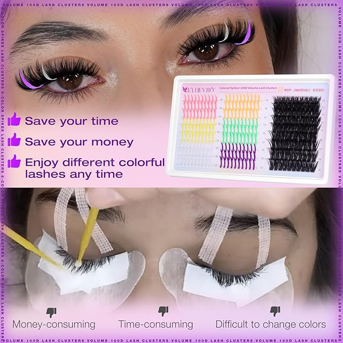 EYDEVRO Colored Lash Clusters with Spikes 100D Volume Eyelash Clusters 10-18mm Mixed Lengths Colorful Cluster Eyelash Extensions Spiky Pink Orange Yellow Green White Purple Cluster Lashes