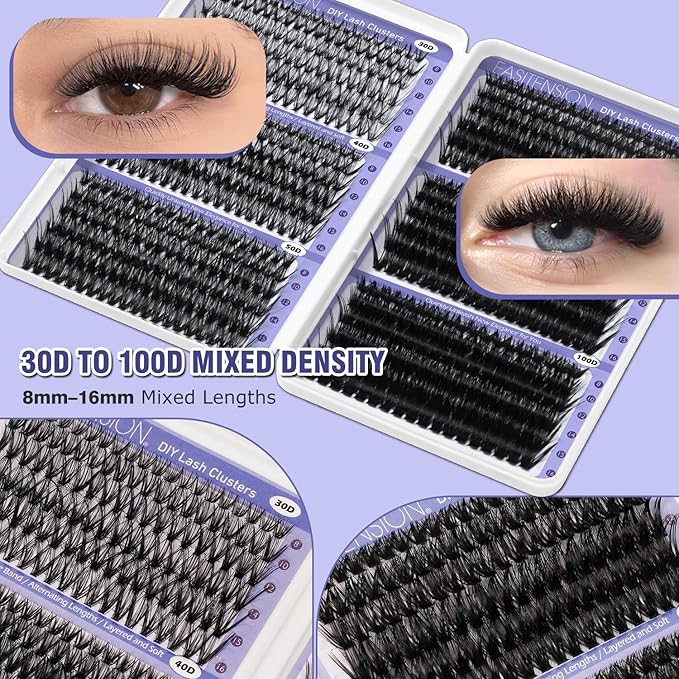DIY Lash Clusters Kit 30-100D Volume Eyelash Extension Kit 8-16mm Thick Individual Lashes 708pcs with Lash Bond and Seal, Lash Tweezers, lash brush,Super Thin Band Eyelashes
