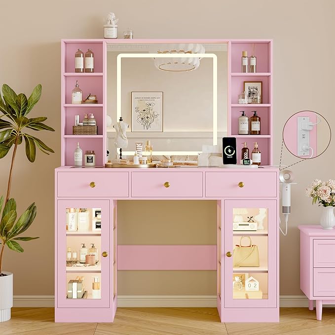 Makeup Vanity Desk with Mirror and Lights, 43" Pink Vanity with Glass Top, Jewelry Storage, 3 Drawers & Glass Cabinets, Power Outlet & Adjustable LED Lights, Dressing Table for Women & Girls Bedroom