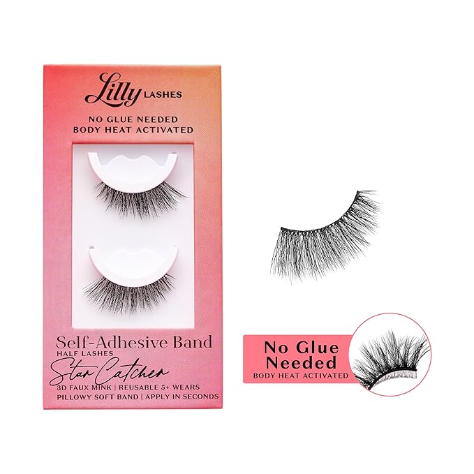 Lilly Lashes Self Adhesive Eyelashes (Half Lashes), No Lash Glue Needed, Body Heat Activated Press on Lashes, Reusable Self Adhesive Eyelashes Up to 5x, Easy to Apply & Remove (StarCatcher)