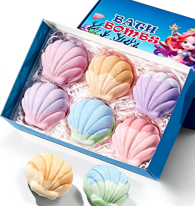 6 XXL Shell Shaped Bath Bombs with Sea Salt,Nourishes & Soothes Dry Skin,6 Unique Fragrances for a Spa Bubble Bath at Home,Gift Set for Women & Men