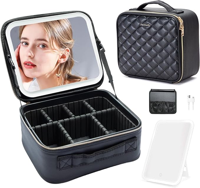 Gdsshuhung Makeup Bag with Mirror | Partitionable Professional Makeup Organizer | Large Travel Makeup Bag for Women | Cosmetic Case for Daily & On-the-Go Use (Grid Black)