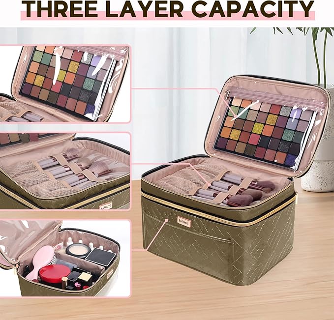 BAFAMYE Makeup Bag Women, 8.8L Large Cosmetic Train Case, Make up Bags Organizer Box Travel-Size Accessories Bottles, Brushes, and Skin Care Products, Toiletry Bag for Women Pink 2.33 GAL