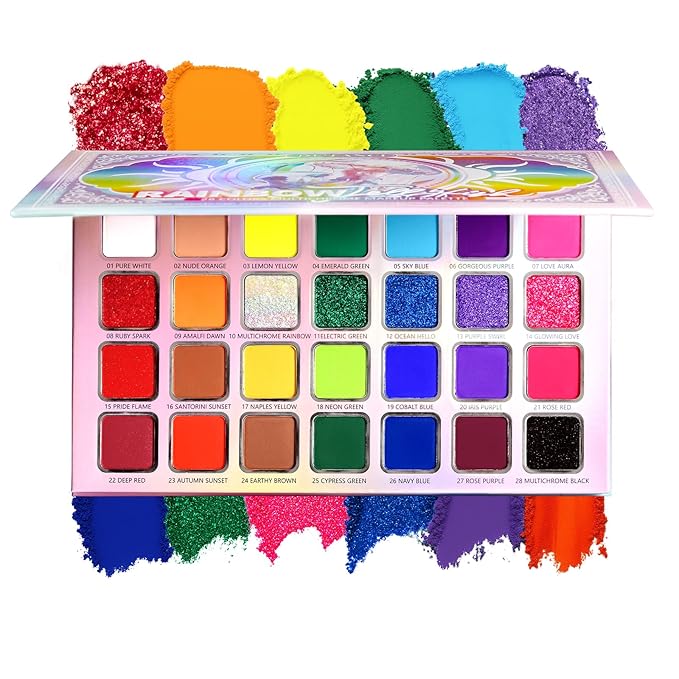 DE'LANCI Colorful EyeshadowPalette, 28 Neon Rainbow Eye Shadow Multi-Colored Metallic Shimmer Matte Makeup Bright Vivid Eye Makeup for Girls & Highly Pigmented Eyeshadow Cosmetics Daily Festival Looks