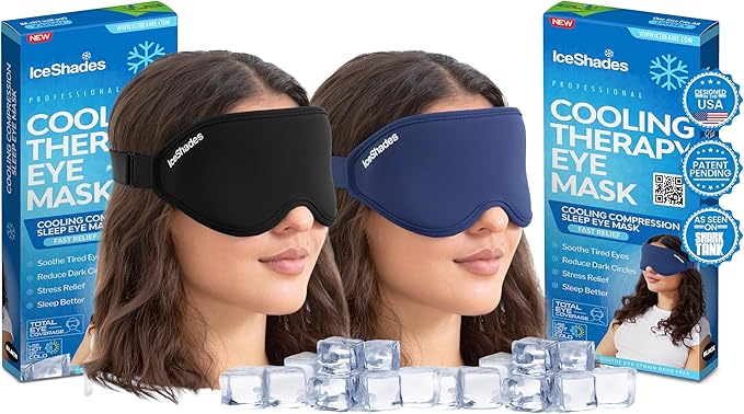 IceShades Cooling Gel Eye Mask for Migraine Relief, Black + Blue Bundle, Tension & Hangover Migraine Mask, Cold Compress for Headache Dark Circles Tired Puffy Eyes, Reusable Ice Pack for Sleeping