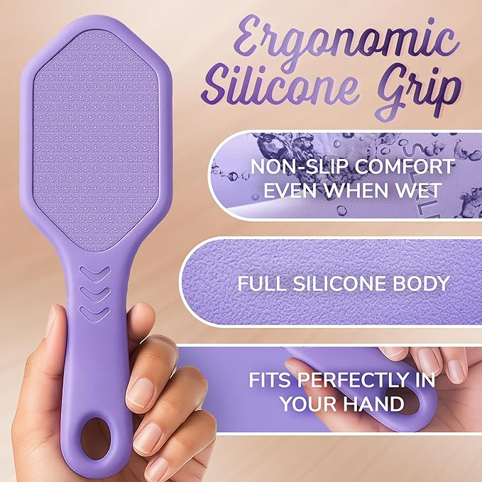 Nano Glass Foot File - Silicone Foot Callus Remover for Feet and Cracked Heels - Heel Scraper for Dead Skin - Ergonomic Foot Scrubber & Exfoliator for Shower with Non-Slip Grip - Purple
