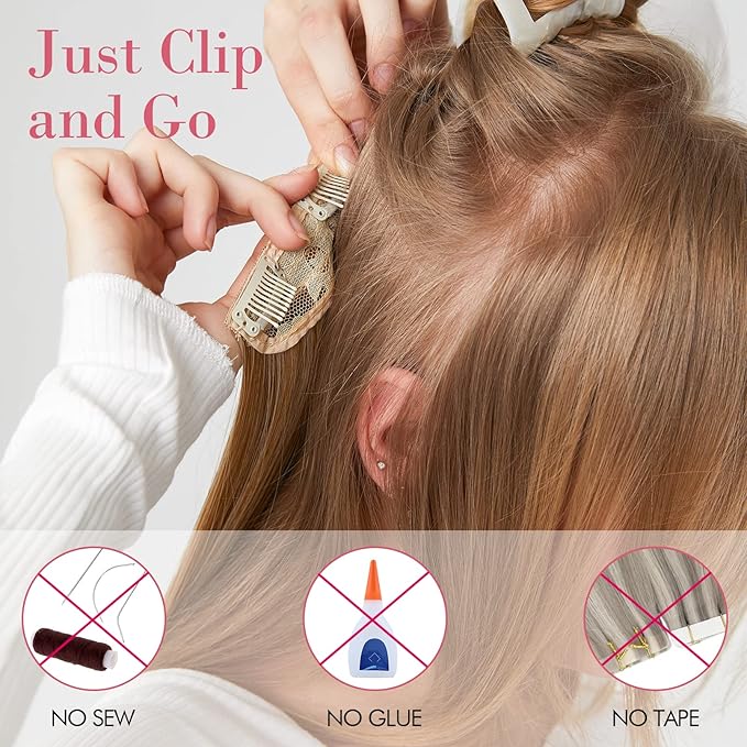 REECHO 24" 1-pack 3/4 Full Head Curly Wave Clips in on Synthetic Hair Extensions HE008 Hair pieces for Women 5 Clips 4.5 Oz Per Piece - Light Blonde