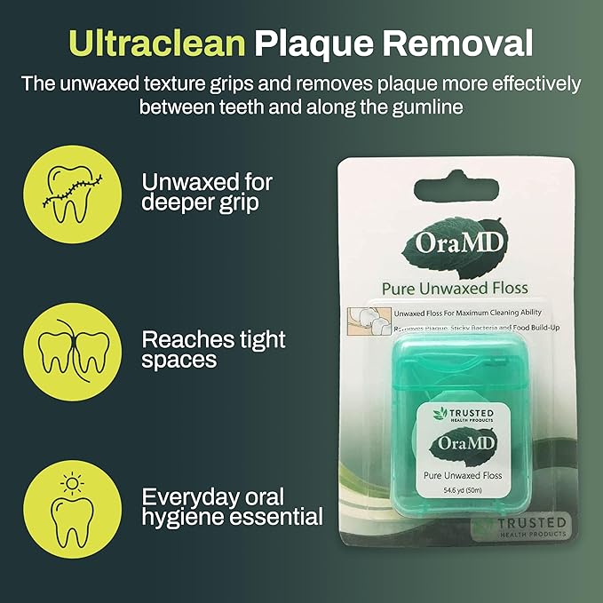 OraMD Oral Care Pure Unwaxed Dental Floss 54.6 Yards - PFAS-Free, Chemical Free, Shred Resistant - Unscented and Ultraclean Plaque Removal - Teeth and Gum Protection for Adults - Pack of 6