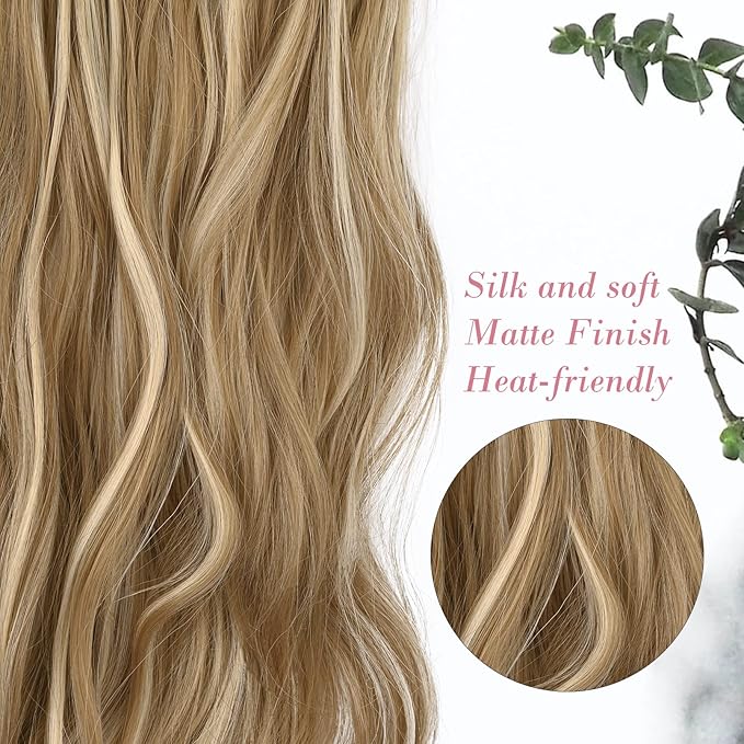 REECHO 20" 1-pack 3/4 Full Head Curly Wave Clips in on Synthetic Hair Extensions HE008 Hair pieces for Women 5 Clips 4.5 Oz Per Piece - Medium Blonde with Blonde Highlights