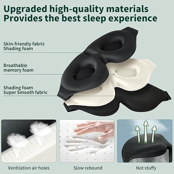 LAAZ Sleep Mask for Side Sleepers ,3D Contoured Eye Mask with Zero Eye Pressure, True Blackout Light Blocking, Breathable Memory Foam Night Mask with Adjustable Strap for Men & Women