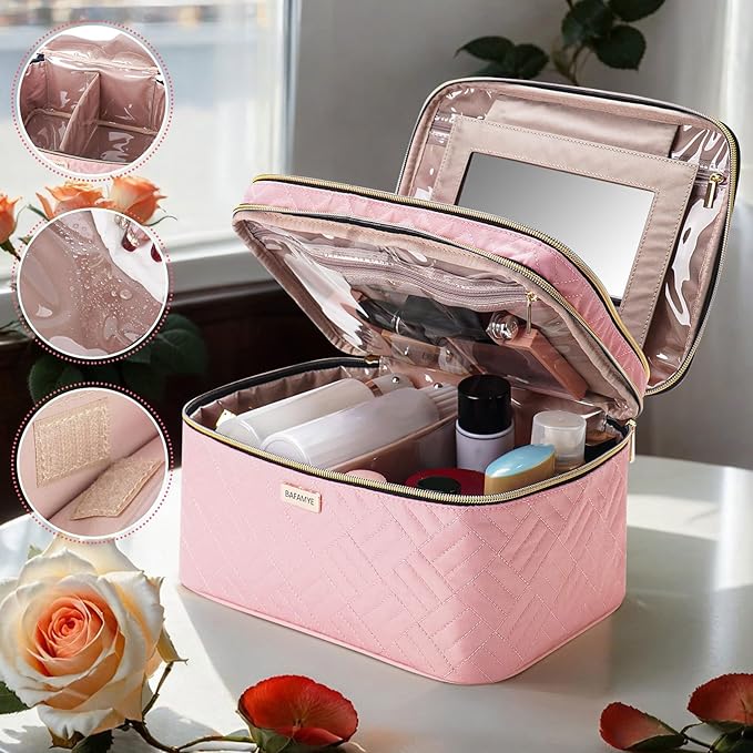 BAFAMYE 8.8L Double Layer Travel Makeup Bag With Mirror For Women, Large Cosmetic Case, Organizer for Travel-Size Accessories Bottles, Brushes,and Skin Care Products, 2.33 GAL, Pink