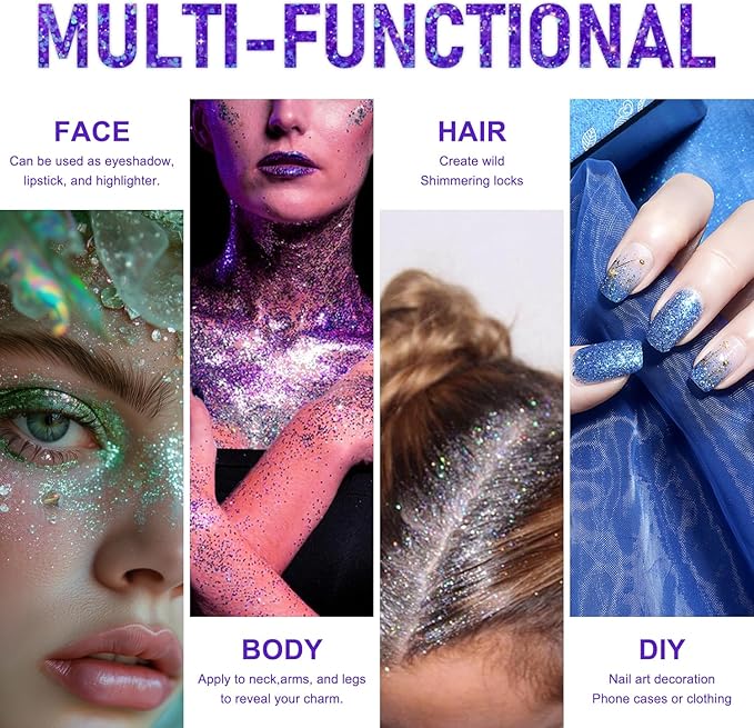 Roll-on Holographic Body Glitter Gel for Face and Hair, Chameleon Color Changing Glitter Gel Under Light, Chunky Mermaid Sequins Shimmer Makeup for Halloween Party Rave Accessories (Purple)
