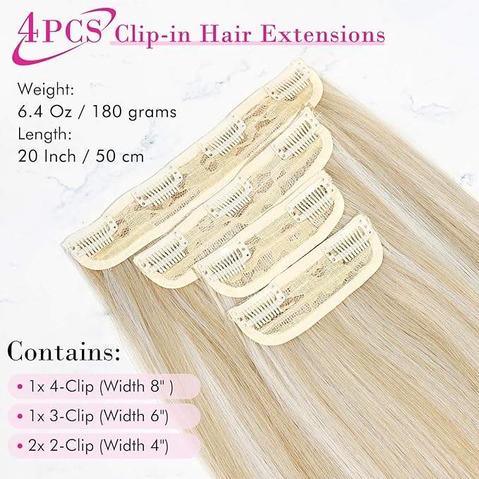 REECHO 20" Straight Long 4 PCS Set Thick Clip in on Hair Extensions Ash Blonde with Highlights