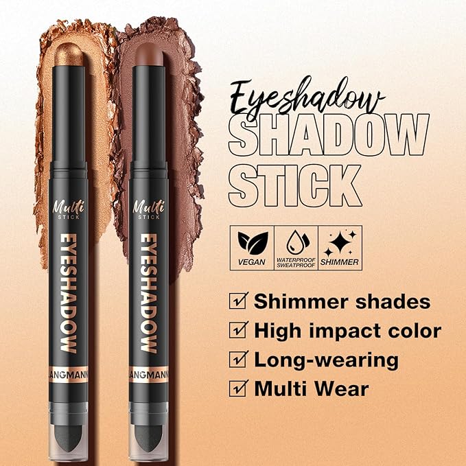 LANGMANNI 4Colors Dual-Ended Cream Eyeshadow Stick Set – Silky Smooth, Waterproof & Transfer-Proof, Built-in Blender Brush, All-Day Matte & Shimmer Wear Eye Makeup(#9+10+11+12)
