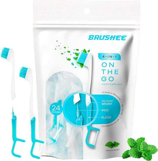 Brushee - The Evolution of Oral Care | 4-in-1 Tool (Paste + Brush + Floss + Pick) | Individually Wrapped | Disposable | Prepasted Travel Toothbrushes | Small Adult Toothbrush - (24-Pack)