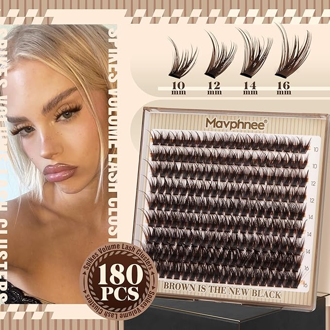 Mavphnee Brown Lash Clusters Wispy Natural Eyelash Extensions Dark Brown Individual Lashes 10-16MM CC-Curly Cluster Lashes Extensions 180Pcs Hybrid Eyelash Clusters DIY Lash Pack