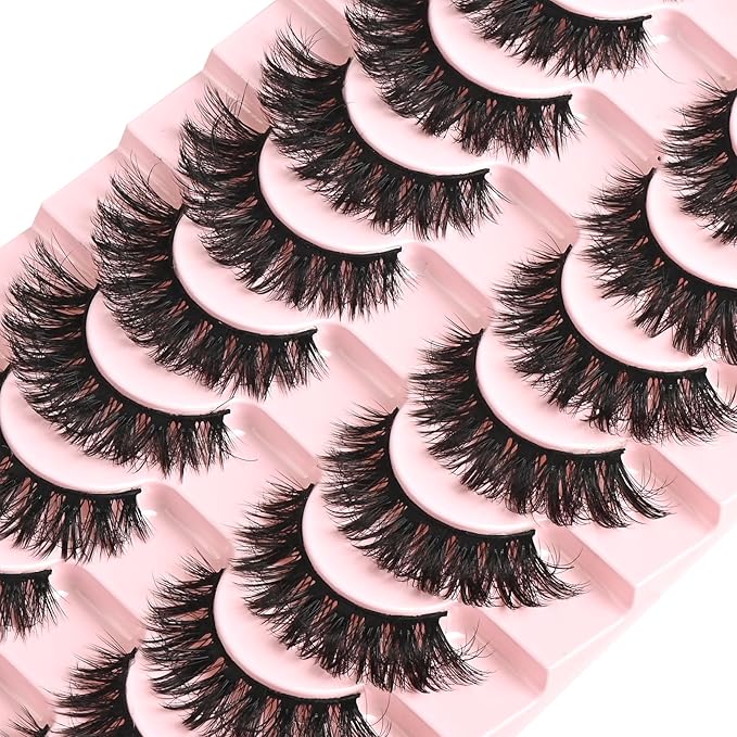 FARRED False Lashes Wispy Natural Strip Eyelashes 14mm Cat Eye Mink Lash Strips Full Volume Fake Cateye Eyelash Pack Natural Look 10 Pairs Short Thick Fluffy Pestañas Postizas for Women