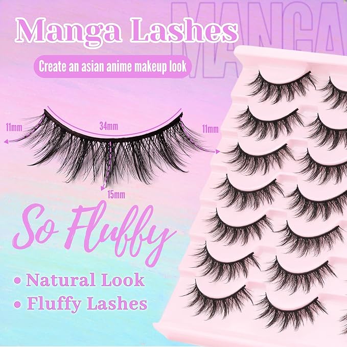 Losha Lashes Fluffy Manga Lashes 6D Spiky False Eyelashes 14 Pairs Natural Anime Eye Lashes Pack Soft Asian Fake Eyelashes (Pop)