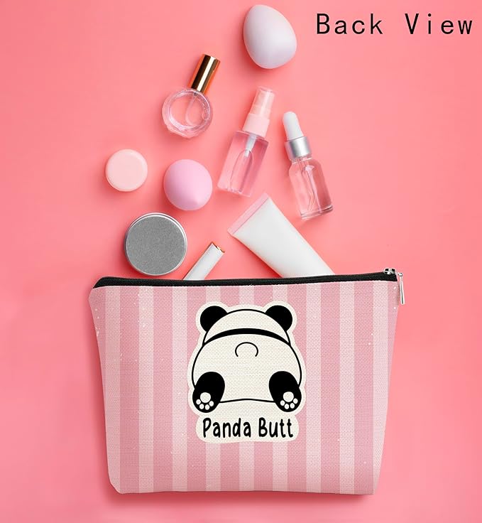 BARPERY Panda Gifts Makeup Bag for Women Girls, Cute Baby Panda 'Guess What It's Pug Butt' Cosmetic Case for Teens Daughter, Accessories (Pink Stripe)