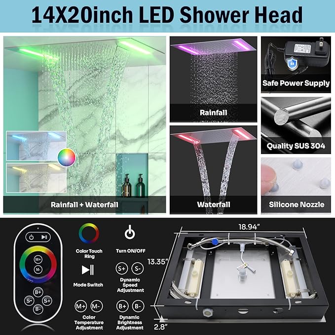 HOMEDEC Couples Luxury Shower System, LED 14x20" and 6" Side Shower Heads, 4-Way Diverter Valves Multi-Function Shower Faucet Set, Brushed Nickel
