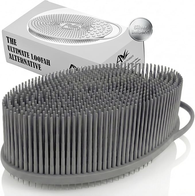 Avilana Silver Edition Exfoliating Body Scrubber - Silver-Ion Infused Silicone Bath Brush, ISO Tested Dual Sided, Stays Fresh Firm Bristles Smooth Rough Bumpy Skin Texture Loofah Alternative Women Men