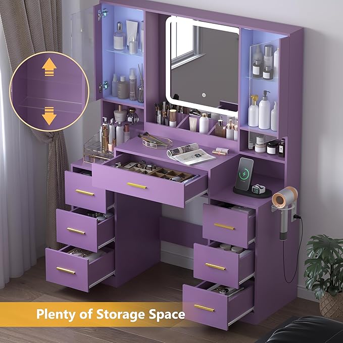 Purple Makeup Vanity Desk with Mirror & Lights, Modern Vanity Table with Charging Station, 7 Drawers, Glass Cabinet, Adjustable Shelves, Bedroom Dressing Table Set for Women & Girls