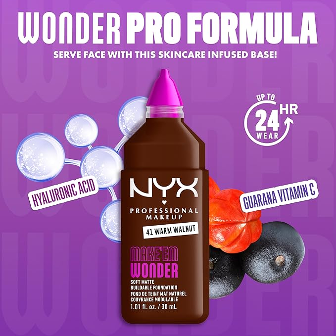NYX PROFESSIONAL MAKEUP Make 'Em Wonder Liquid Foundation, 24HR Foundation Makeup With A Soft Matte Finish, Buildable Full Coverage - 41 Warm Walnut