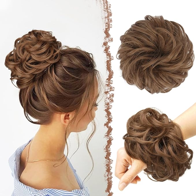 FESHFEN Large Messy Bun Hair Piece - Wavy Synthetic Chignon Scrunchies Elastic Ponytail Hair Extensions Thick Hairpieces for Women, Medium Auburn 1.94oz