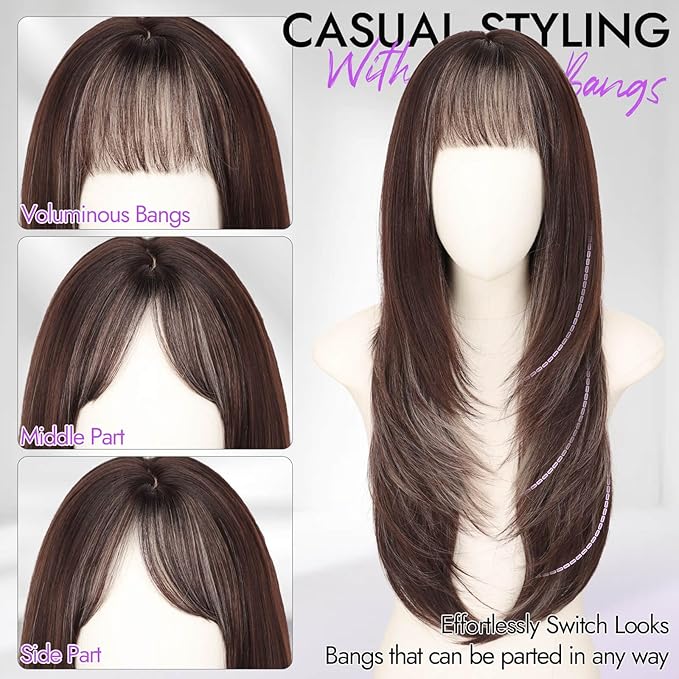 Long Chocolate Brown with Gray White Highlights Wig with Bangs for Women,4x4 Realistic Scalp,Free Parting,Layered Hairstyle Synthetic Heat Resistant for Daily Party Use 26 inch