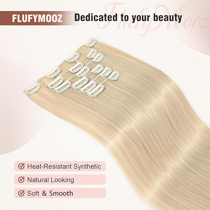 FLUFYMOOZ 6PC Clip in Hair Extensions 24" Straight Long Extensions for Women Synthetic Hairpiece (Ash Blonde)