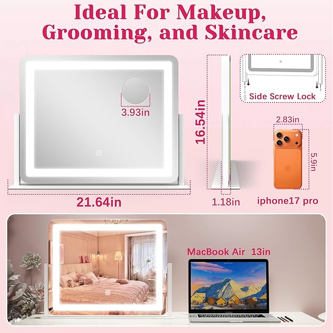 HNV 22"x17" Vanity Mirror with Lights, LED Makeup Mirror with 3 Color Modes & Dimmable Touch Control, 360° Rotation, Aluminum Frame, Large Lighted Mirror for Bedroom or Dressing Table