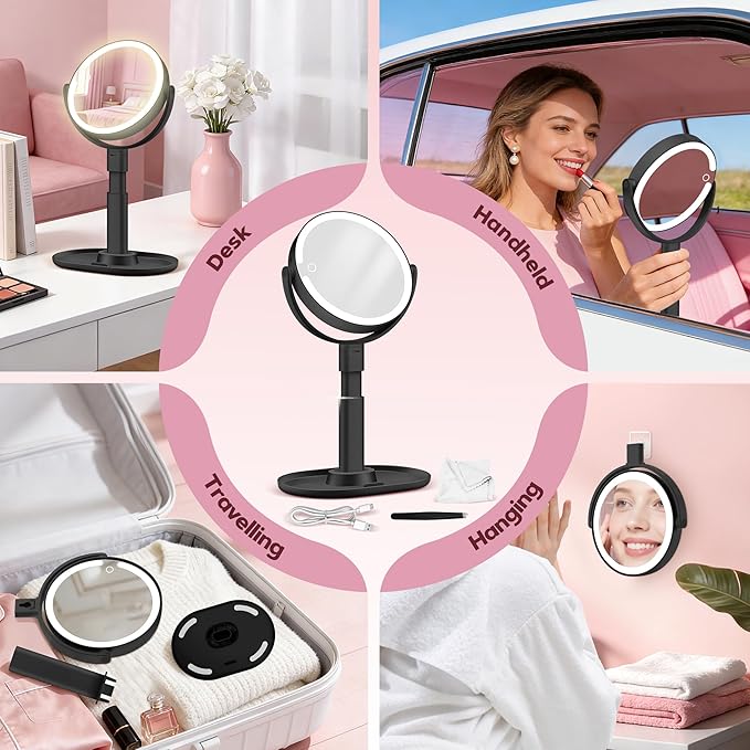 Makeup Mirror with Lights, 30X Magnifying & Height Adjustable, Lighted Magnifying Mirror with 3 Light Modes and Stepless Dimming, Vanity Mirrors for Bathroom, Birthday Gift for Women, Black